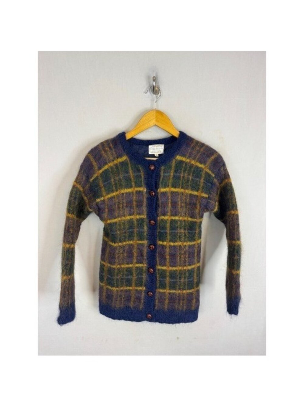 Vintage Susan Bristol Mohair Wool Plaid Cardigan Sweater Navy Blue Purple XS